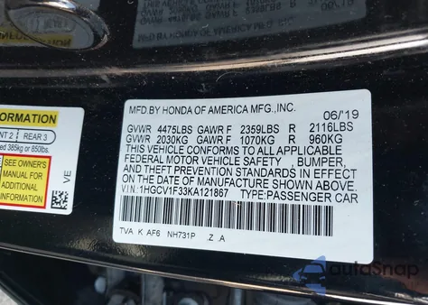 2019 Honda Accord Sport из США, поврежденный, VIN 1HGCV1F33KA121867